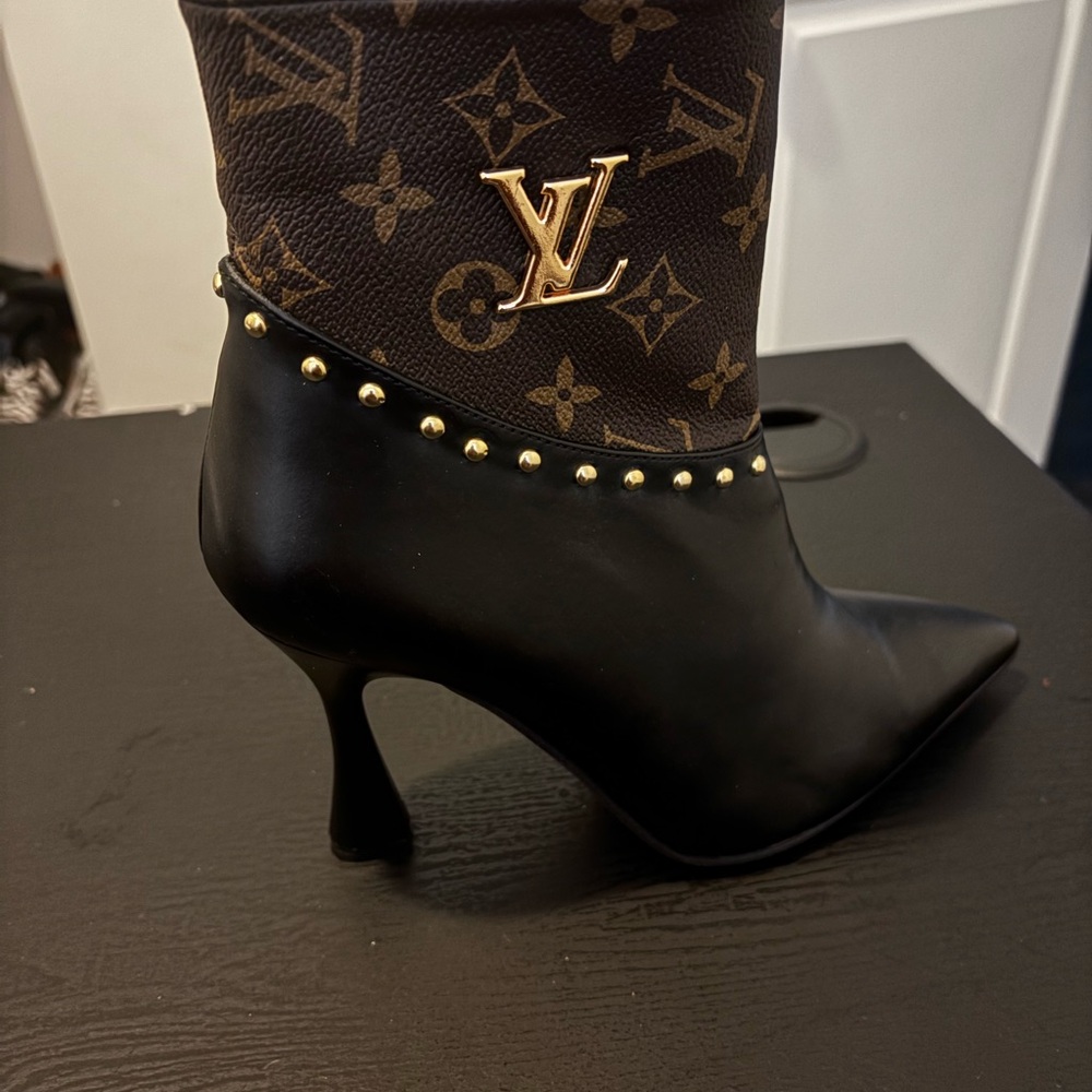 Louis Vuitton Black and Brown Monogram Studded Heeled Boots